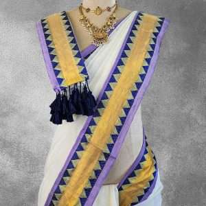 100 Count Mul Cotton Saree With Deep Purple Zari Border