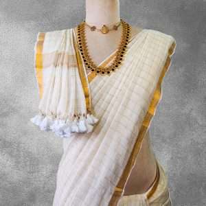 120 Count Mul Cotton Saree with Golden Zari Checks